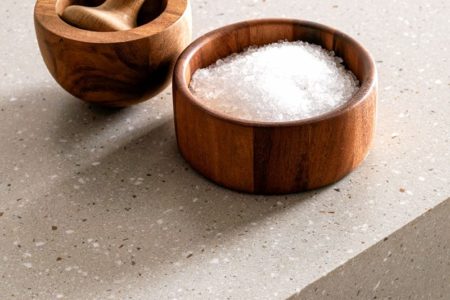 Dettaglio del piano da lavoro della cucina moderna senza maniglie E0, con due ciotole in legno, di cui una contenente sale.