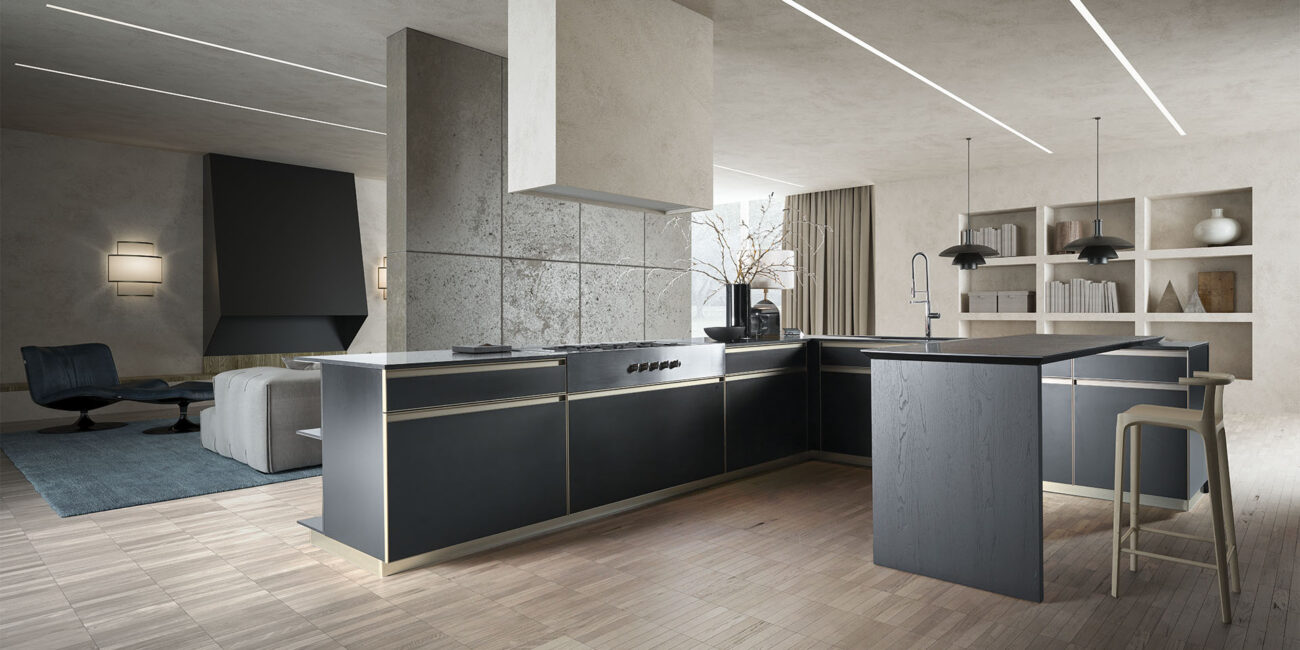 Cucina con living integrato, disponibile presso gli showroom dei rivenditori di cucine in stile toscano Effeti.