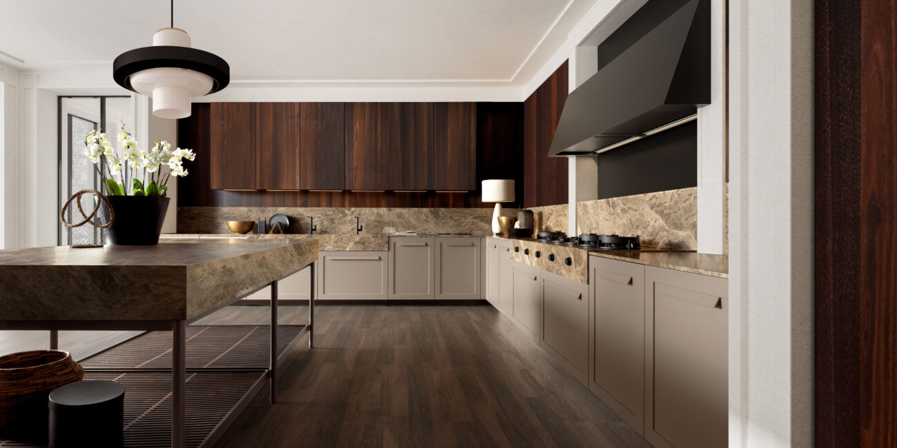 cucina con maniglia modello impronta ad angolo in legno scuro e marmo con isola