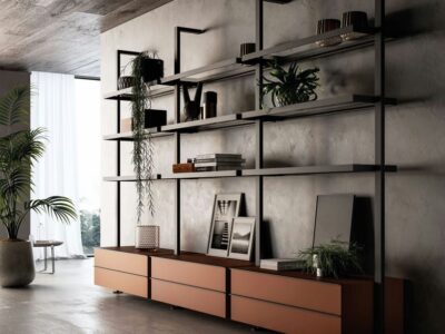 Cassetti e mensole della cucina in legno con maniglia ergonomica, E1.