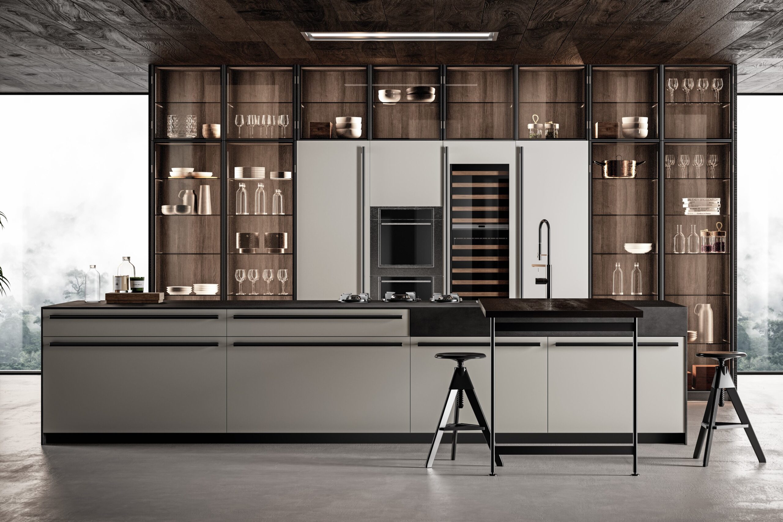 E1: la cucina con maniglie moderna in stile toscano, con un'isola centrale lunga.