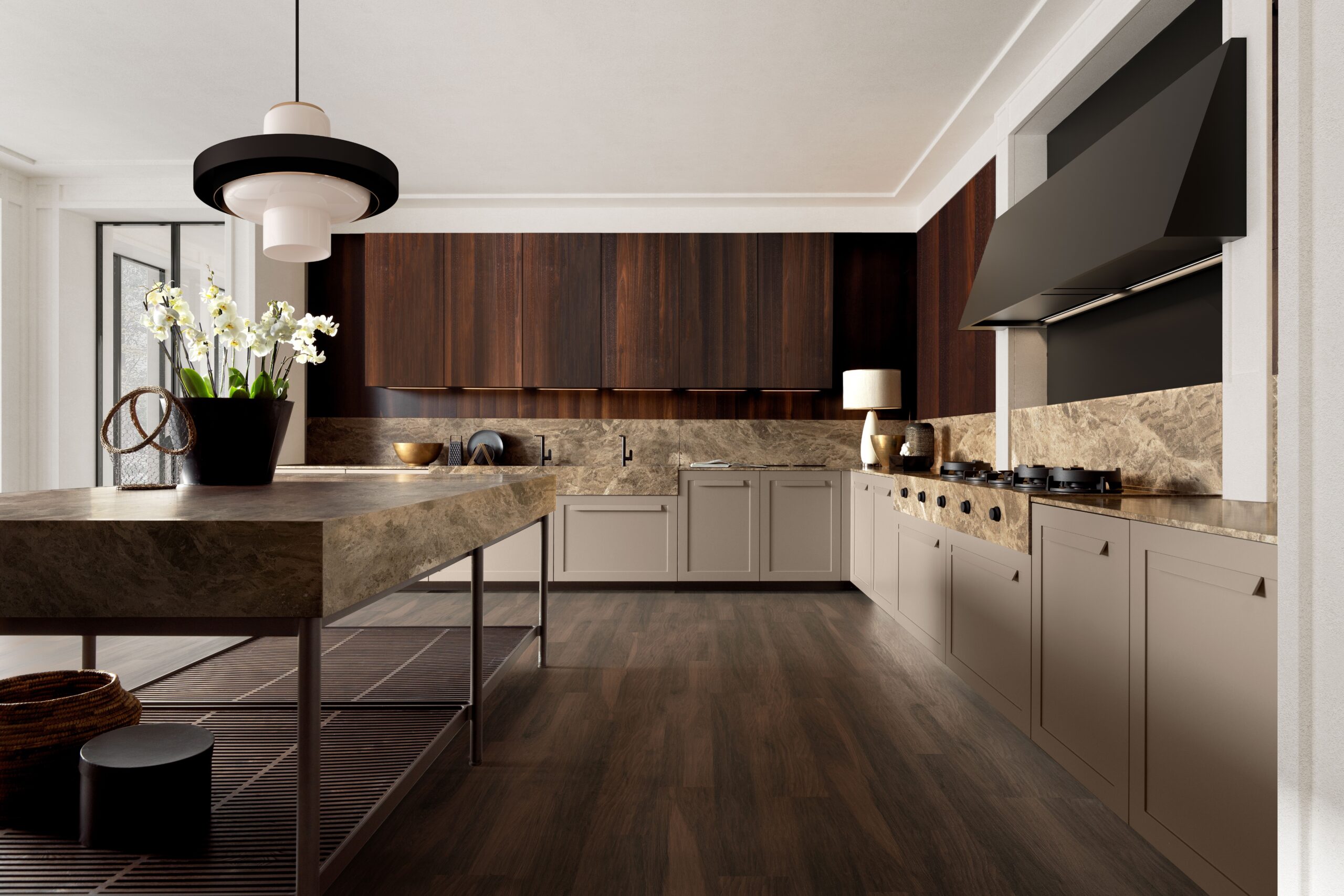 cucina con maniglia modello impronta ad angolo in legno scuro e marmo con isola